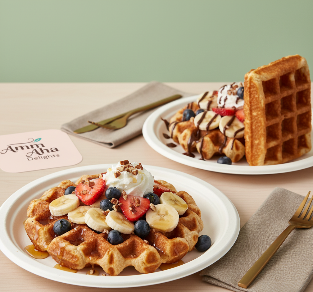 Golden Belgian waffle with berries and cream
